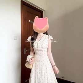 夏季V领收腰显瘦蕾丝气质连衣裙女学院风收腰显瘦碎花度假公主裙