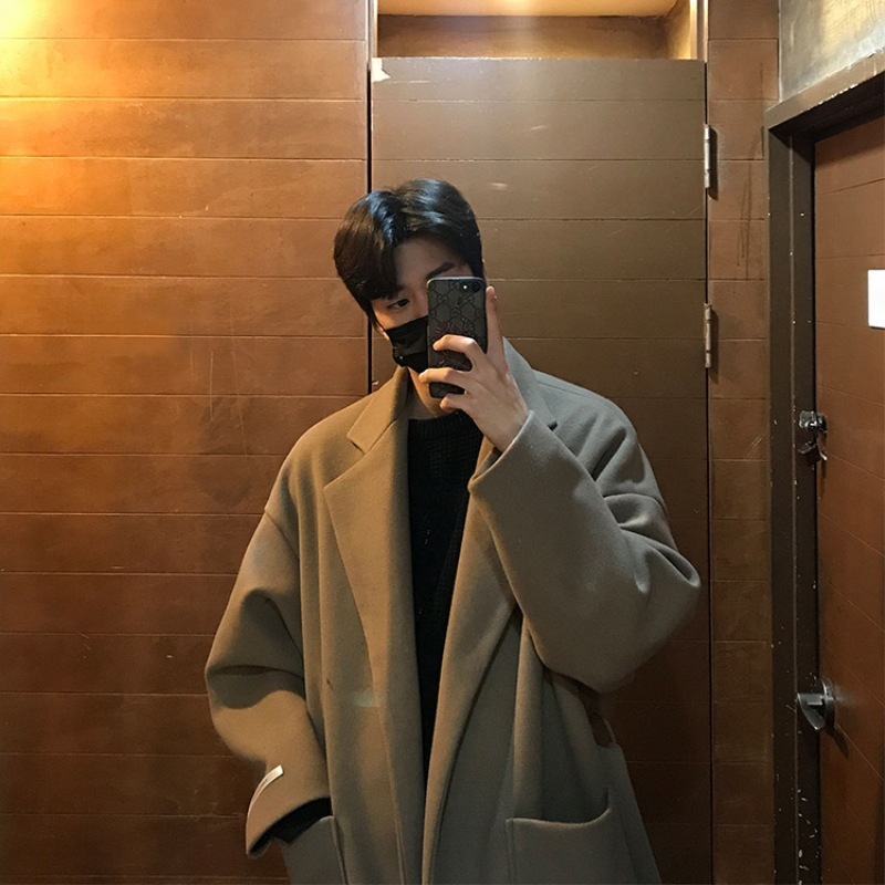 Long Woolen Coat Men's Korean-style Fashionable Loose Coat Collar Trenchcoat Hong Kong-style Handsome All-match Autumn and Winter Over-the-knee Coat