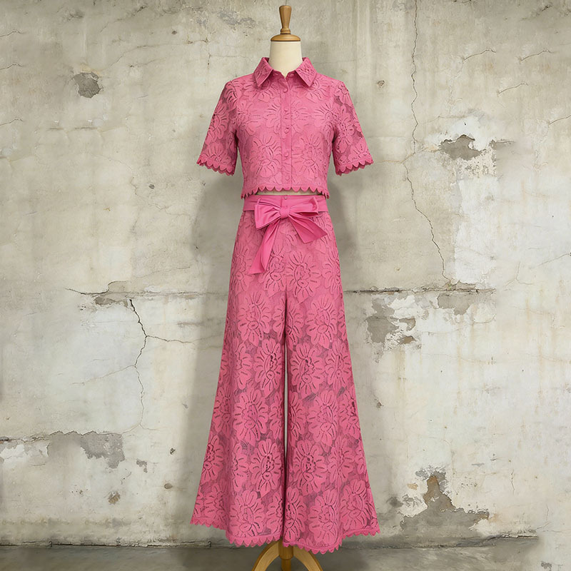 Elegant Retro Two Piece Set With Lapel Short Top And Bow Trousers_voghion.com