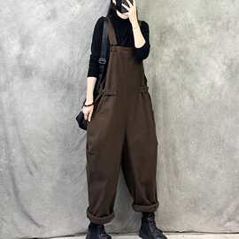 秋季日韩新款文艺复古大码宽松工装背带裤女时尚洋气减龄大码长裤