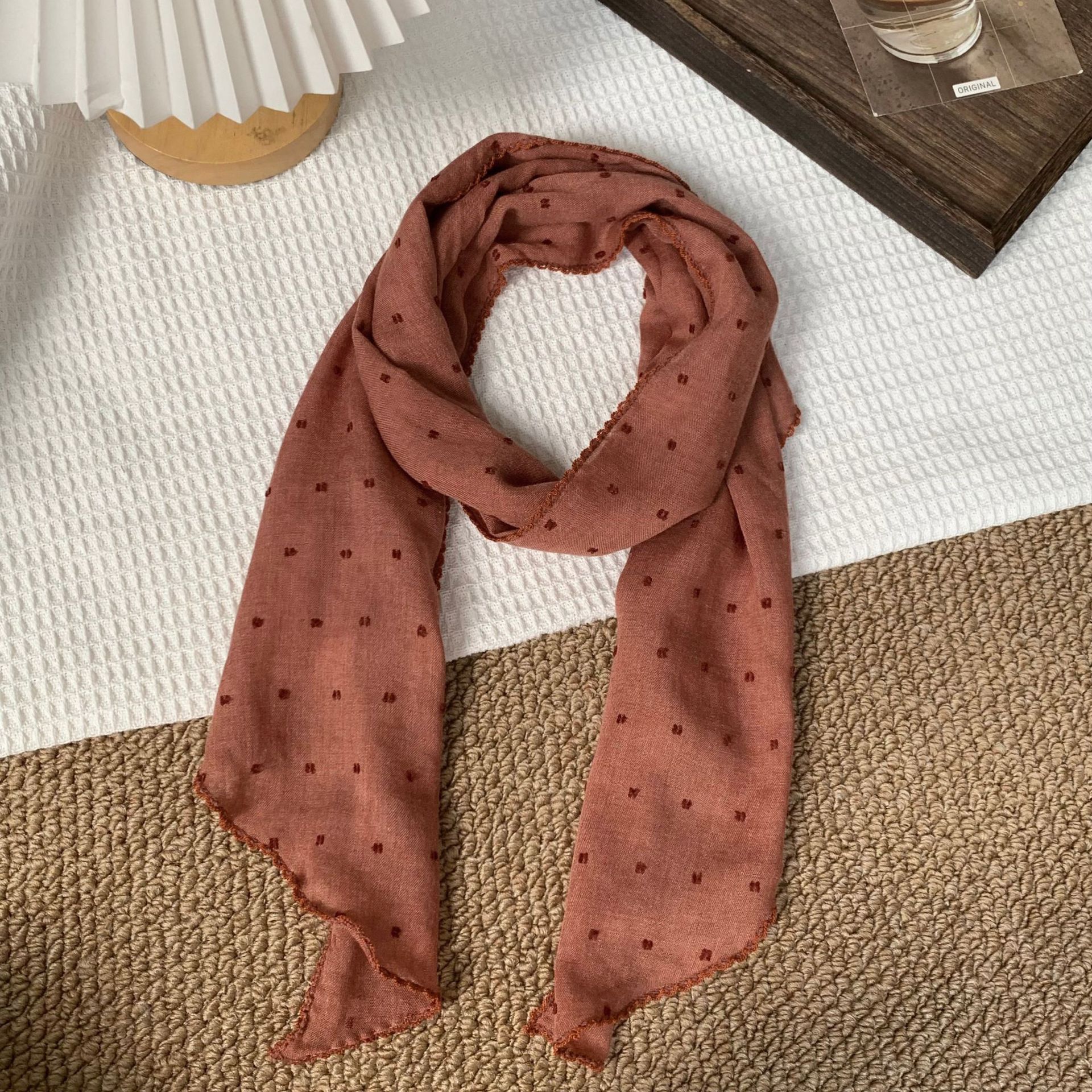 Pañuelo de seda de lino de algodón con lunares pequeños para mujer, versión coreana de la nueva moda, bufanda de seda de todo fósforo, bufanda pequeña, bolsa de atar multifuncional, bufanda de seda, cinturón para el cabello