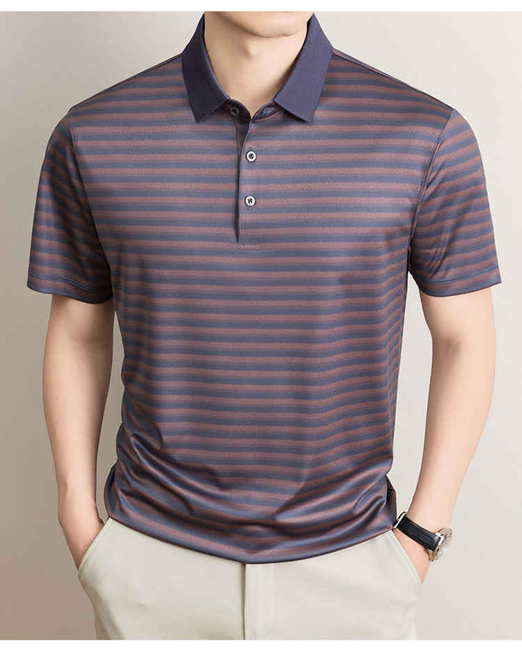 Áo polo nam tay ngắn cổ bẻ sọc kẻ chất liệu tơ tằm mulberry mềm mịn — Vàng tím 8878 chi tiết 16