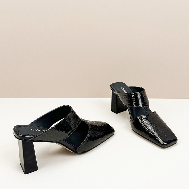 All-match Chick-heeled Bow-toe Half Slippers Women's Summer Outfit Square-toe High-heeled Sandals Slip-on Mueller Sandals