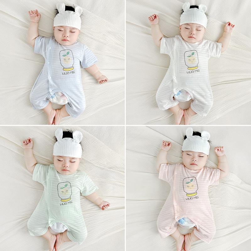 Mono de bebé verano para hombres y mujeres para niños pequeños, mampara de entrepierna abierta de manga corta delgada de algodón puro, ropa de verano para bebés, ropa para recién nacidos