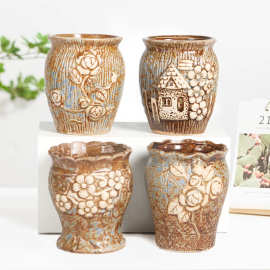 陶瓷老桩多肉花盆复古陶瓷透气肉肉植物花盆套组客厅阳台绿植花盆