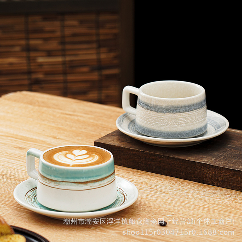 Japanese High-End Vintage Coffee Cup and Saucer Set, Creative Rustic Pottery Latte Art Cup, High-Quality Exquisite Mug for Home Use Japanese High-End Vintage Coffee Cup and Saucer Set, Creative Rustic Pottery Latte Art Cup, High-Quality Exquisite Mug for Home Use