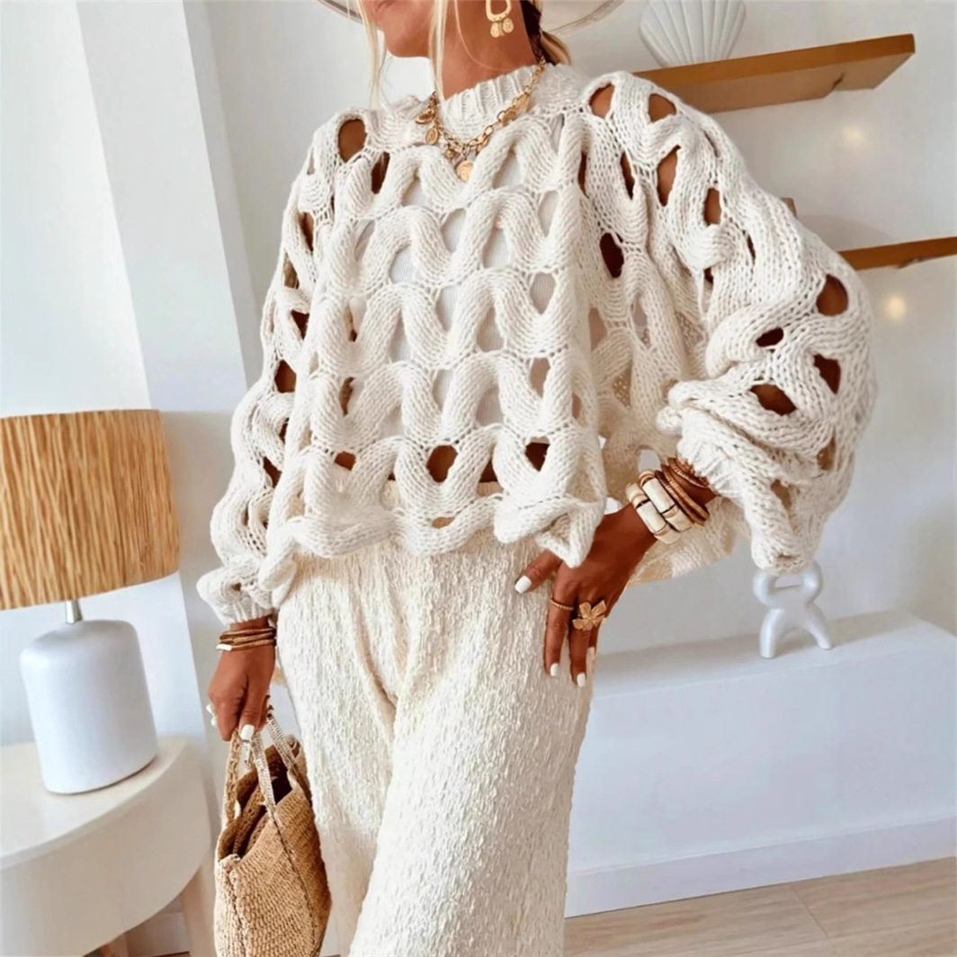 European And American Trade Women's Solid Color Casual Vacation Beach Hollow Out Crochet Long Sleeve Sweater_voghion.com