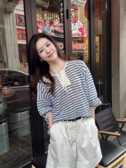 韩系蓝色条纹冰丝长袖T恤防晒罩衫女夏季外搭系带慵懒风薄纱上衣