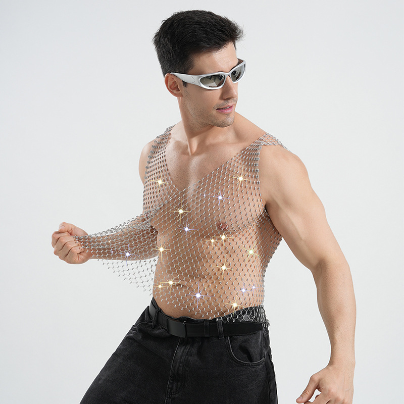 European and American Cross-Border Nightclub Men's Sexy Rhinestone Fishnet Tank Top Sleeveless Top with Double Rhinestones and See-Through Hollow-Out Design European and American Cross-Border Nightclub Men's Sexy Rhinestone Fishnet Tank Top Sleeveless Top with Double Rhinestones and See-Through Hollow-Out Design
