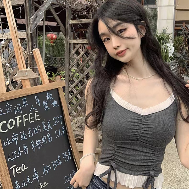 Estilo de ballet coreano chica con almohadilla en el pecho anudada oreja de madera deseo puro sexy chica caliente desgaste interior desgaste exterior camisola mujeres