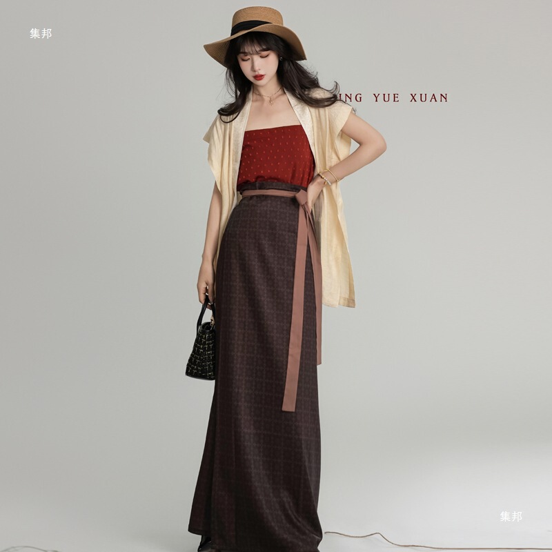[Summer Solstice] Original Han Dynasty Women's Song Dynasty Vest Cardigan Pure Color Suspender Daily Work Clothing Two-Piece Skirt Swirl Skirt