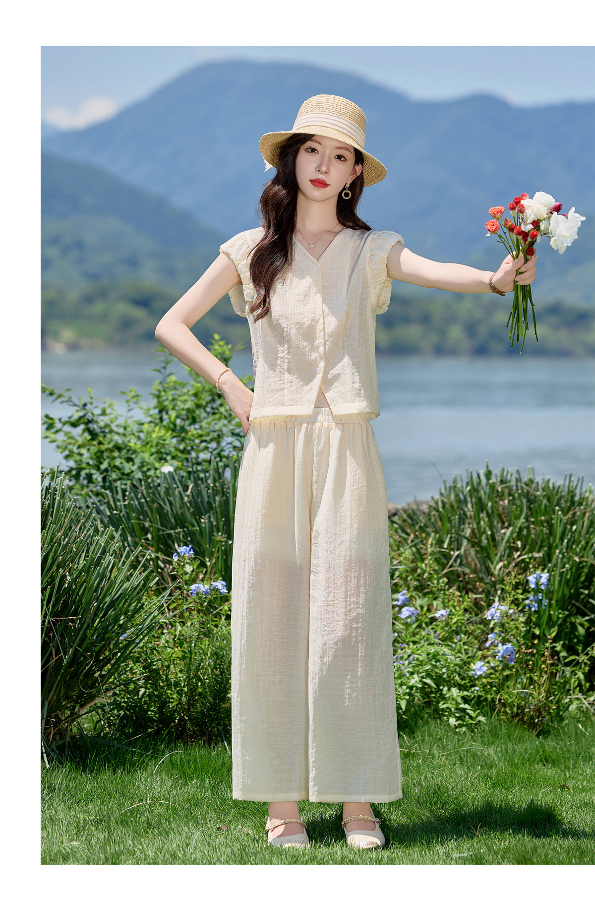 Bộ vest nữ hè 2025 áo sơ mi cổ V ôm quần ống thẳng hai mảnh LB2869 — màu xanh hải quân, Màu trắng nhạt chi tiết 16