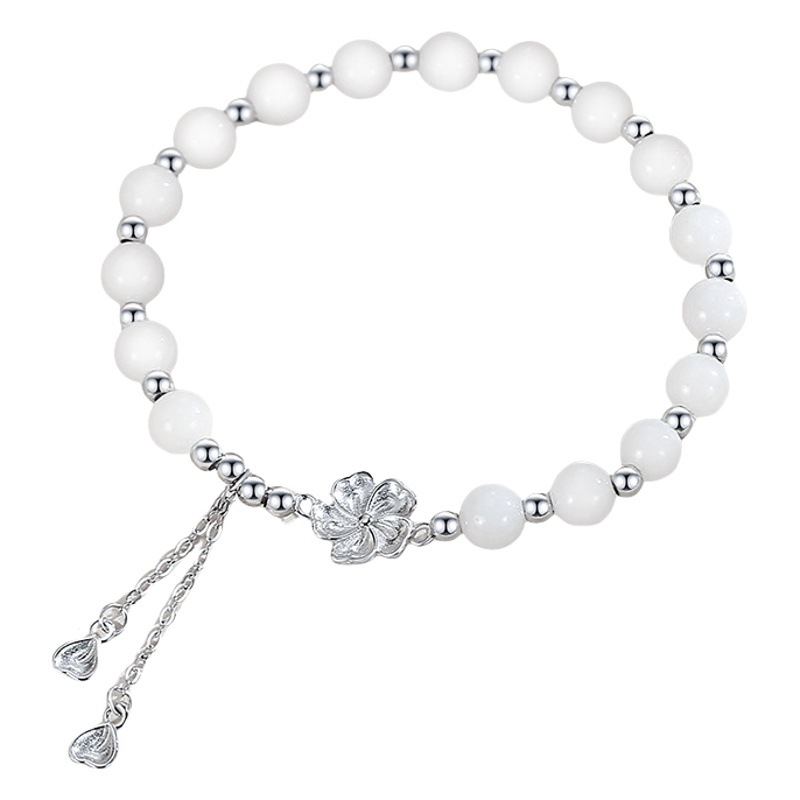 S925 Plata Flor de Durazno pulsera las mujeres Flor del melocotón dulce borla Hetian Jade con cuentas joyería lote