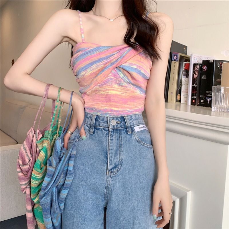 Rainbow Solid Color Knitted Small Camisole Women's Summer Outer Wear Spice Girl's Short Strapless Top Pure Style