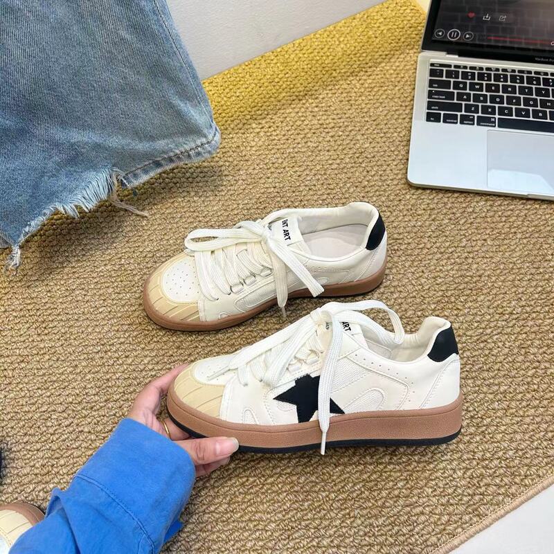 Vintage Gold Goose Star Dirty Shoes with Leather Mesh Breathable Rubber Toe Versatile Retro Lace-Up Trendy Cool Casual Shoes