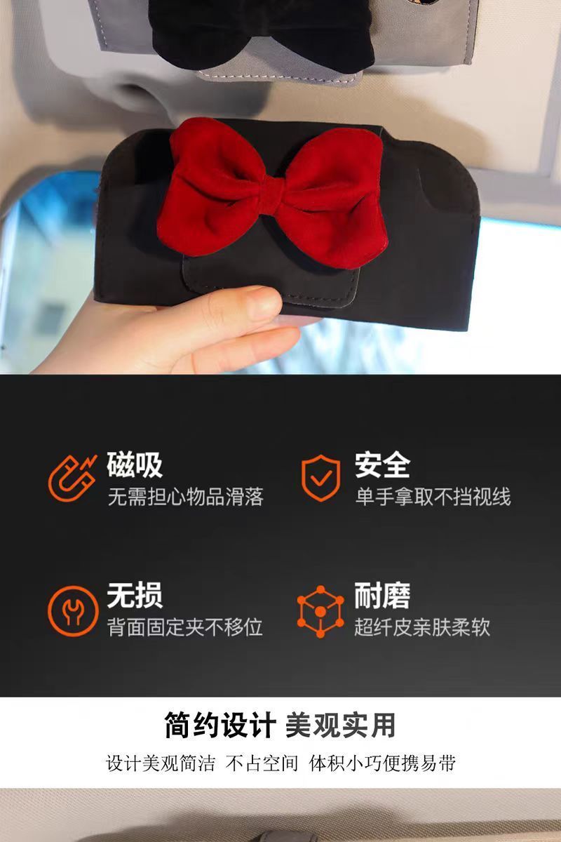 Car-Mounted Glasses Case with Bowknot, Pu Leather Glasses Clip, Car Sun Visor Sunglasses Storage Clip, Magnetic Glasses Clip