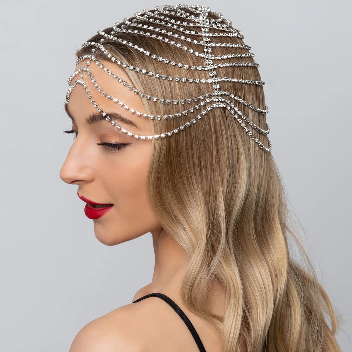 Amazon Venta caliente de las mujeres rhinestone pelo cadena partido moda diamante completo multi-capa accesorios para el cabello tocado mujer headwear