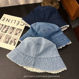 可爱渔夫帽蕾丝边复古牛仔纯色防晒盆帽遮阳学院风显脸小水桶帽女