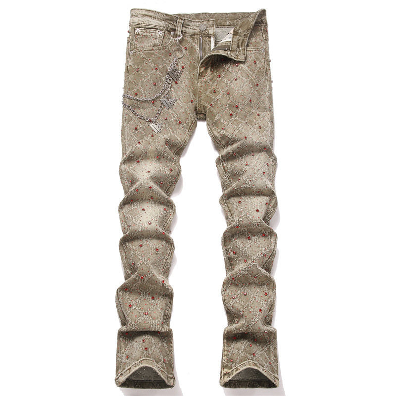Foreign Trade Style Punk Olive Green Slim Fit Stretch Rhinestone Studded Youth Flared Men's Jeans Trendy 03 Foreign Trade Style Punk Olive Green Slim Fit Stretch Rhinestone Studded Youth Flared Men's Jeans Trendy 03
