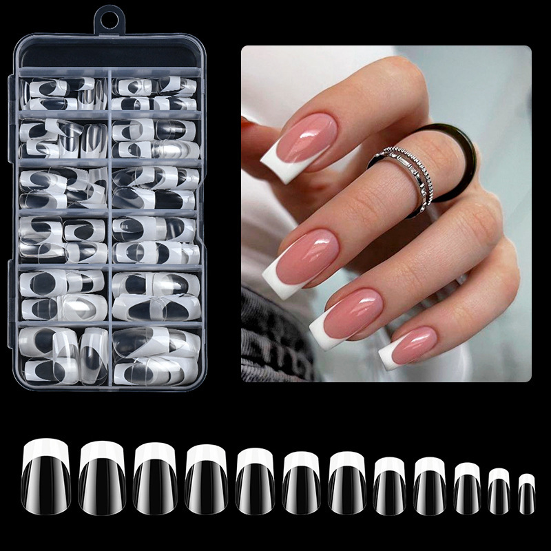 Cross-Border 120-Piece Boxed Set of Wearable Nails, French White-Edged Transparent Nail Tips, Multi-Size Removable Nail Stickers Wholesale