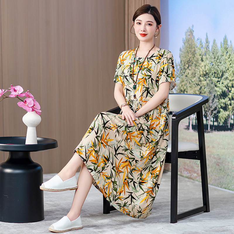 2026 New Summer Dress for Middle-Aged and Elderly Women, Cotton Silk Short-Sleeve Dress, Mid-Length, Stylish Printed Rayon Dress for Outerwear