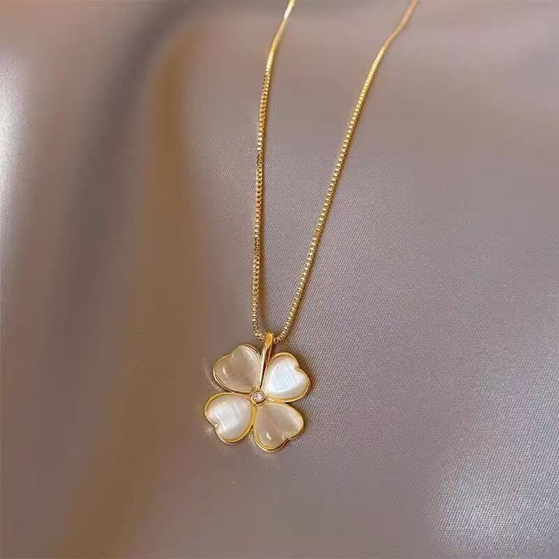 Clover Necklace With Cat's Eye Stone For Women Versatile Style_voghion.com