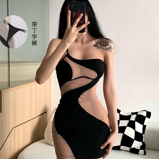 Cross-Border 2025 Summer New Sexy Hip-Hugging Skirt Fashionable Slanted Shoulder Pure Desire Mesh See-Through Temptation Sexy Dress