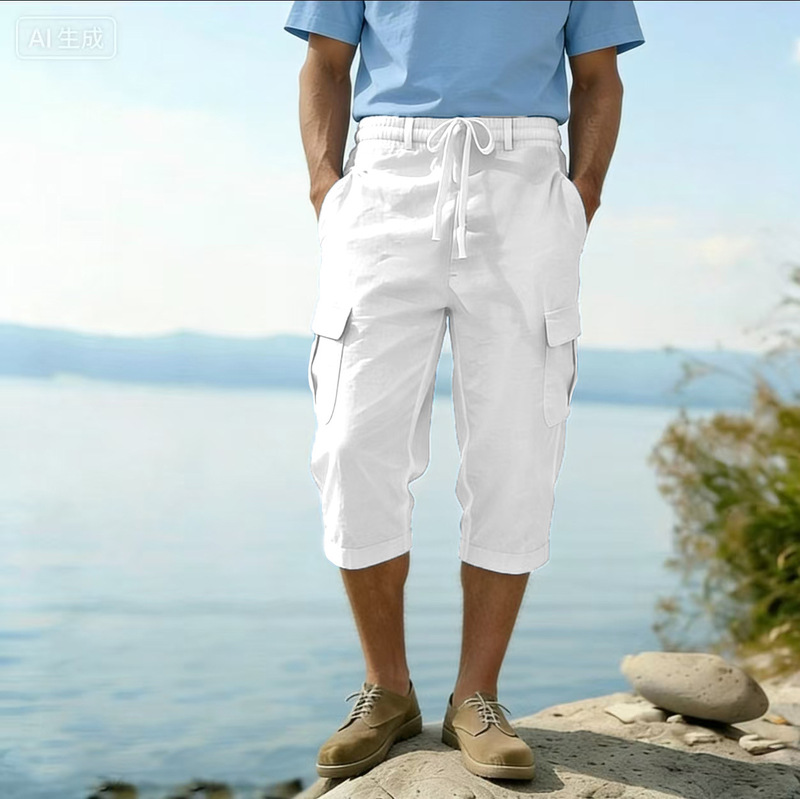 European and American 2026 New Men's Cotton-Linen Four-Season Thin Breathable Workwear Multi-Pocket Loose Casual Trendy Cropped Pants European and American 2026 New Men's Cotton-Linen Four-Season Thin Breathable Workwear Multi-Pocket Loose Casual Trendy Cropped Pants
