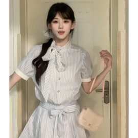 夏季新款拼接设计撞色条纹衬衫连衣裙显瘦学院系带裙子短裙图片色