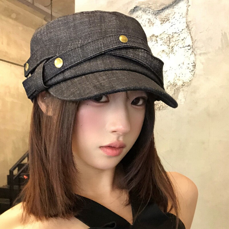 Retro metal buckle flat-top cowboy hat, women's spring/summer new fashion, artistic and elegant style, suitable for larger head sizes, newsboy cap