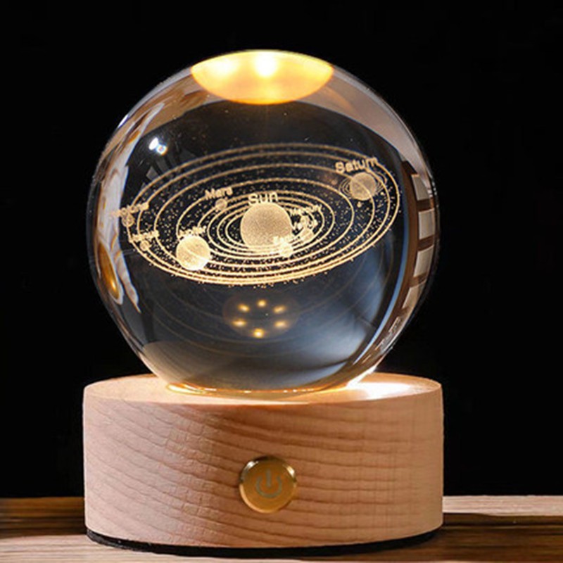 Base de madera con carga táctil, bola de cristal grabada en 3D con diseño de luna, luz nocturna, adorno luminoso creativo para escritorio, regalo corporativo.