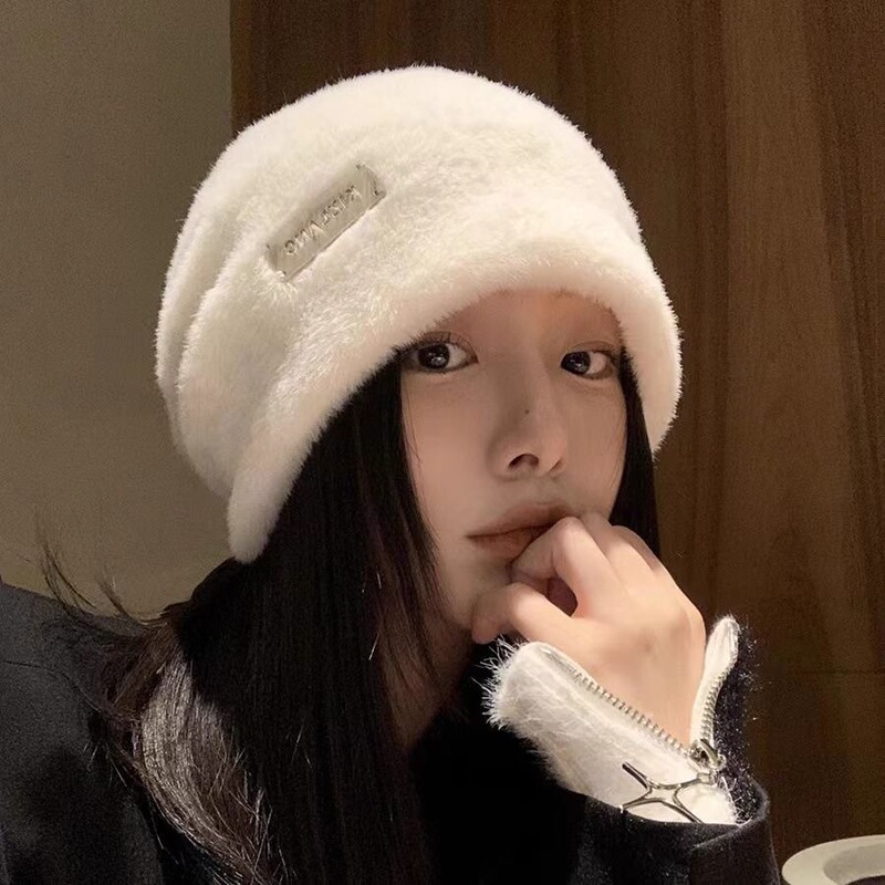 堆堆帽子女新款保暖白色毛绒渔夫帽适合大脸冷帽水桶帽大脸显小|undefined