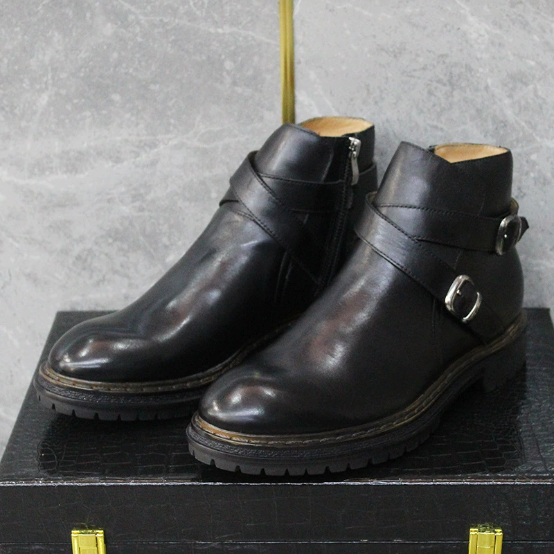 Высококачественные красивые бизнес-сапоги мужские высокие боковые молнии с толстым дном черные дикие кожаные сапоги