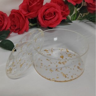 Transparent Acrylic Round Flower Box with Lid, Gold Foil Decoration Desktop Decoration for Living Room