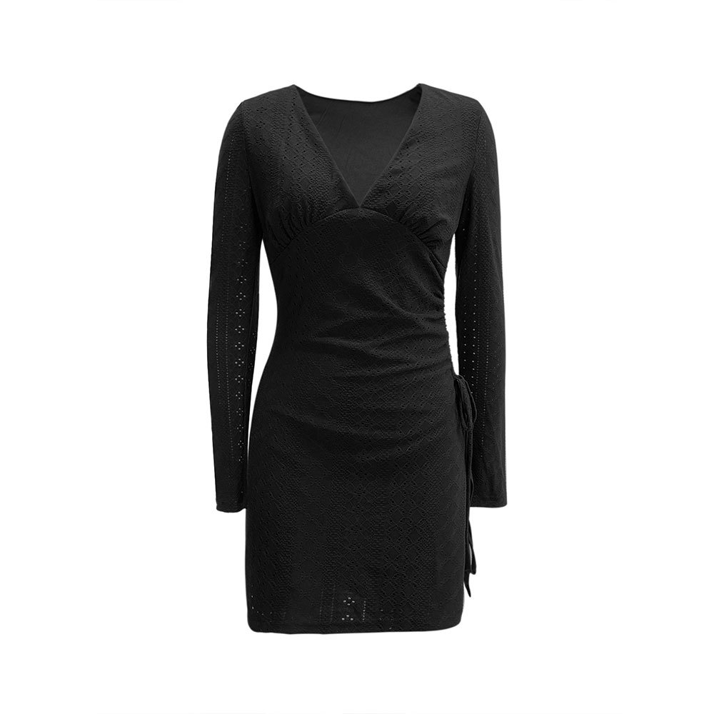 Deep V Long Sleeve Dress Elegant Solid Color Slim Fit Tie Detail Chic Casual Wear for Mature Women Wholesale