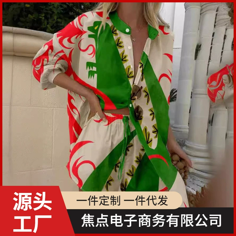 Новый трансграничный Amazon 3D цифровая печать мода европейская и американская женская рубашка с длинными рукавами шорты набор