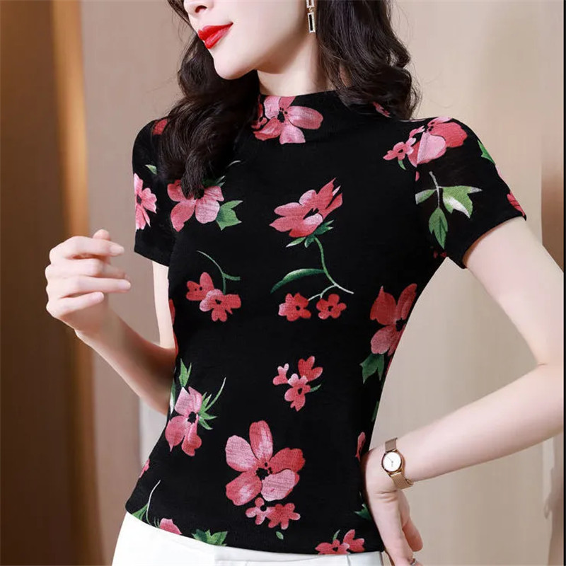 New Large Size Niche Design Flower Bottoming Shirt Women's Short-Sleeved Mesh T-Shirt Summer Slimming Look Shirt Top
