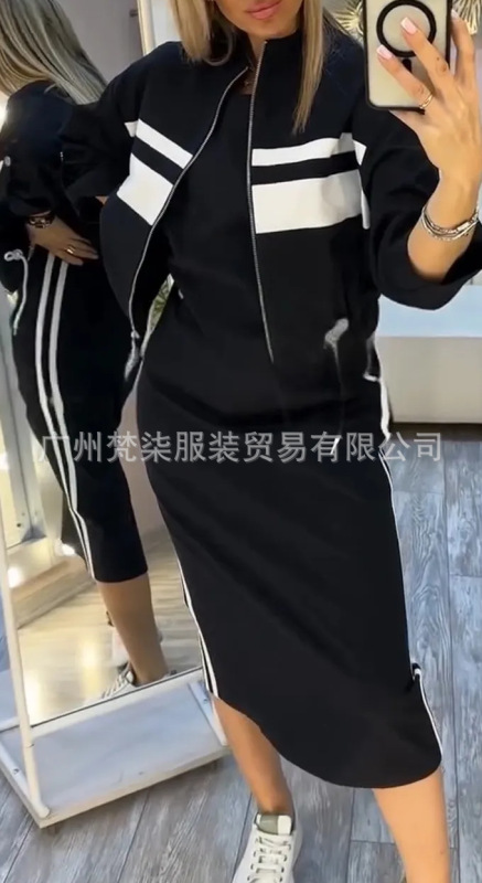 2025欧美跨境亚马逊爆款纯色吊带连衣裙条纹开衫外套长裙两件套女|undefined