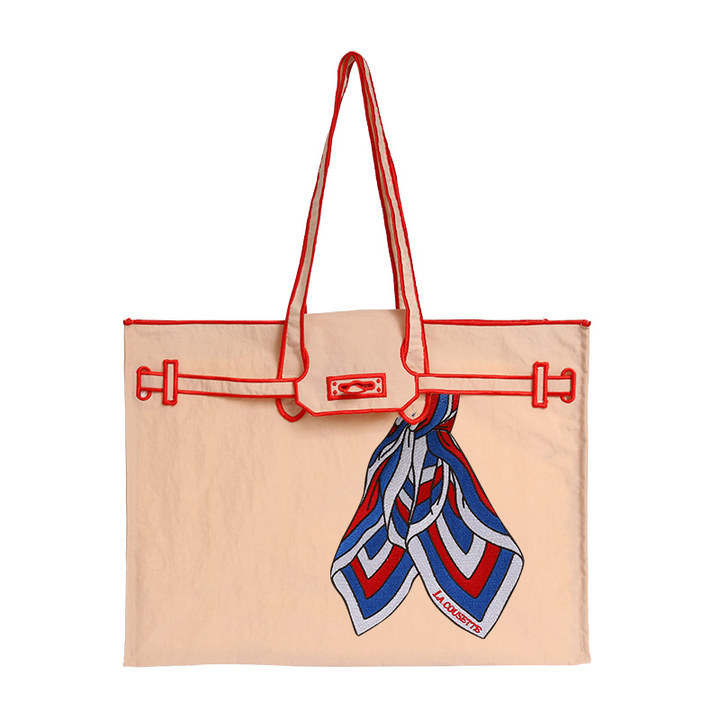 베이지 실크 스카프 매듭 토트백 라지