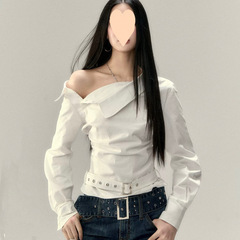 设计感小众露肩褶皱腰带短款衬衫女装2025春季新款修身辣妹上衣潮