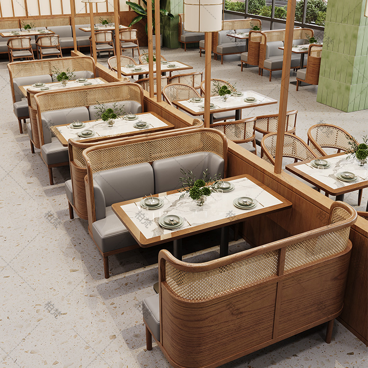 Comedor temático sofá de asiento de tarjeta sala de arroz de tela de tela de caña restaurante de madera sólida Hotpot restaurante mesa y silla combinación