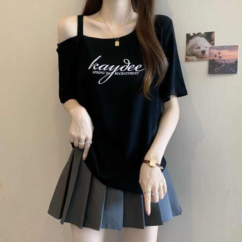 Plus Size Letter Printed Off-Shoulder Short-Sleeved T-Shirt for Women 2026 Spring and Summer New Style Loose Slimming Look Fashionable Outer Top for Women Plus Size Letter Printed Off-Shoulder Short-Sleeved T-Shirt for Women 2026 Spring and Summer New Style Loose Slimming Look Fashionable Outer Top for Women