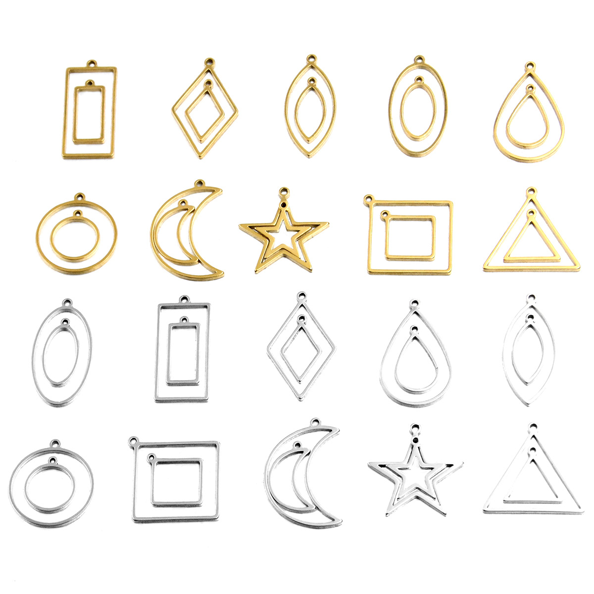 Charming stainless steel geometric figures 10 2-color abrasive frame five-pointed star rhombus round water drop moon pendant