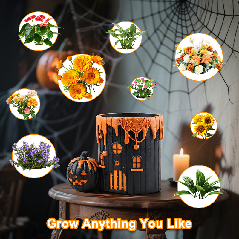  Halloween Pumpkin House Resin Flower Pot Home Desktop Courtyard Garden Outdoor Landscaping Decorative Ornaments