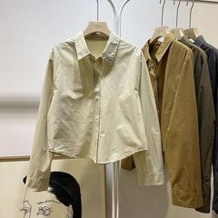 秋季简约大气纯色polo翻领长袖单排扣衬衫女帅气水洗棉短款上衣