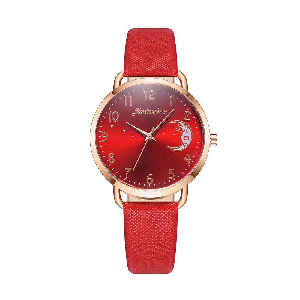 new hot women's personality quartz watch set Pu with moon pattern dial with calendar_voghion.com