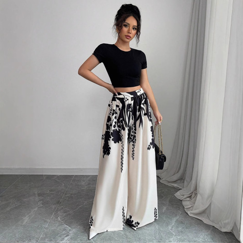 2025 European and American Summer Cross-border New Women's Ink Print Mid-rise Elegant Temperament Fashion Wide Leg Pants with Large Hems