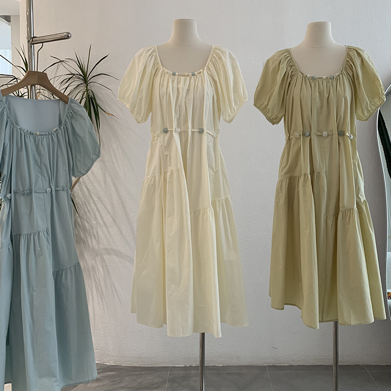 Omalai Square Neck Belt Beaded Bubble Short-Sleeved Pure Color Waist A-Line Long Dress Real Shot 3444