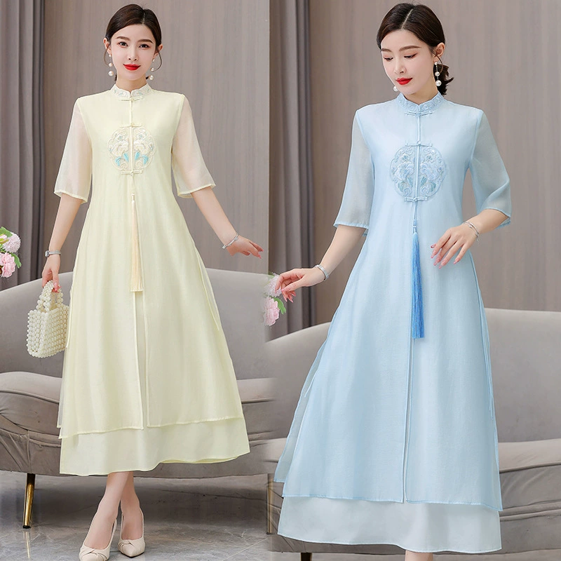 9639 Новый Китайский Улучшенный Чонсам новый летний вышитый чайный костюм ретро китайский стиль Hanfu улучшенная версия платья