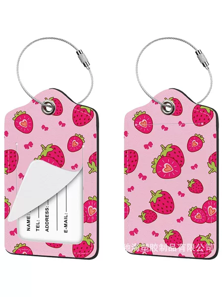 Women's Pink Strawberry Luggage Tag PU Leather Privacy Flip Luggage Tag with Steel Wire Lanyard Travel Bag Identification Tag